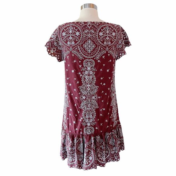 ANTHROPOLOGIE FEATHER BONE Ynez Maroon Dress Flounced Embroidered Eyelet Blue - Picture 3 of 11